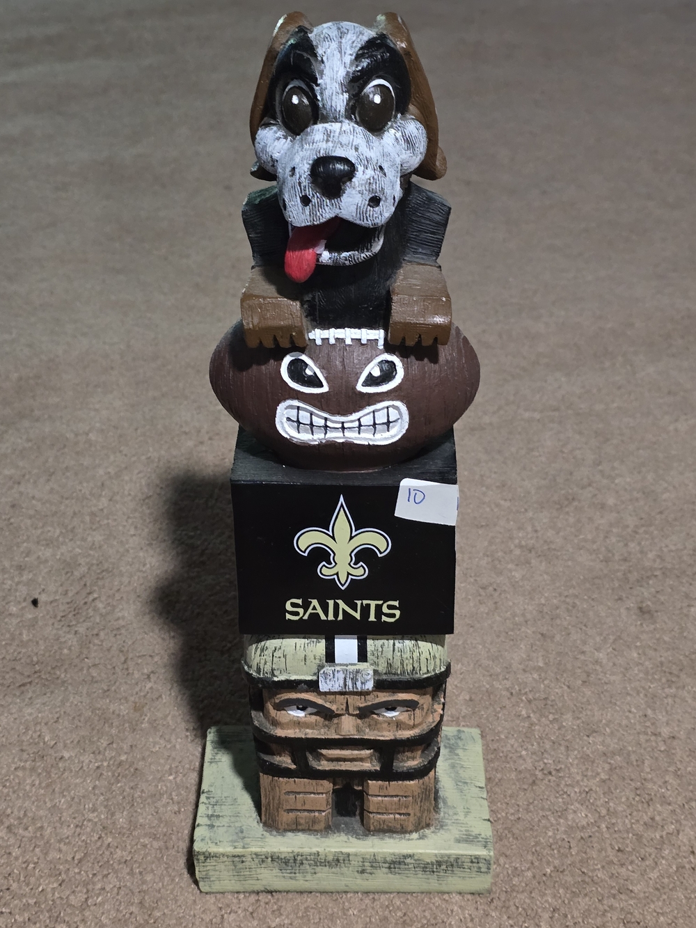 Handcrafted Saints-Themed Wooden Tiki Statue - Brown and Black